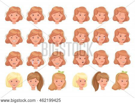 Woman Head With Short Hair Showing Different Face Expression And Emotion Vector Set