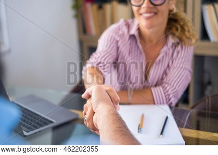 Smiling Caucasian Female Hr Manager Handshake Hire Male Candidate At Job Interview Make Good First I