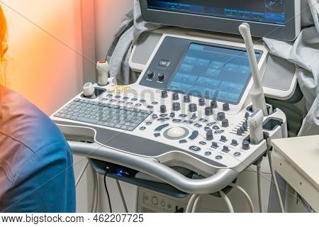 Ultrasound Machine In Veterinary Clinic. Professional Equipment Of Veterinary Clinics. A Mobile Ultr