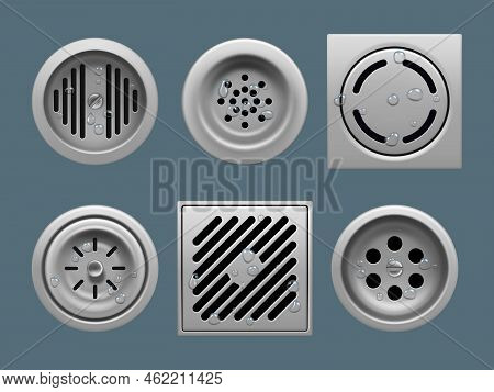 Water Drains. Round Metal Close Up Form For Protect Sink Or Basin From Trash Decent Vector Drain Liq