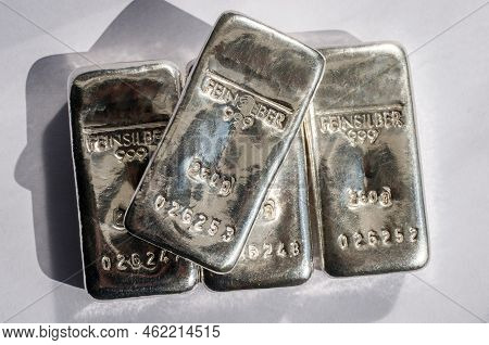 Four Cast Silver Bars Weighing 250 Grams Each. Four Ingot Of Silver Produced In Germany. Feinsilber 