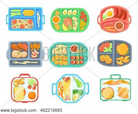 School Meal Trays. Lunch Tray With Food Cafeteria Menu, Kid Eat Breakfast Or Dinner On Convenience L