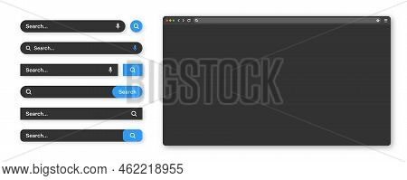 Blank Internet Browser Window With Various Search Bar Templates, Dark Mode. Web Site Engine With Sea