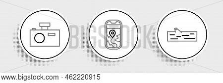 Set Line Wooden Log, Photo Camera And City Map Navigation Icon. Vector