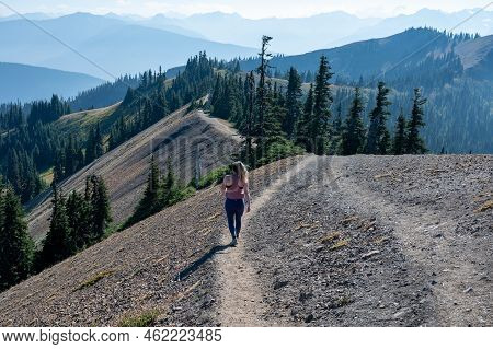 Young Woman Hiking On Hurricane Ridge Trail In Olympic National Park, Washington On Sunny Autumn Aft