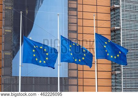 Eu Flags In Front Of European Commission In Brussels, Belgium