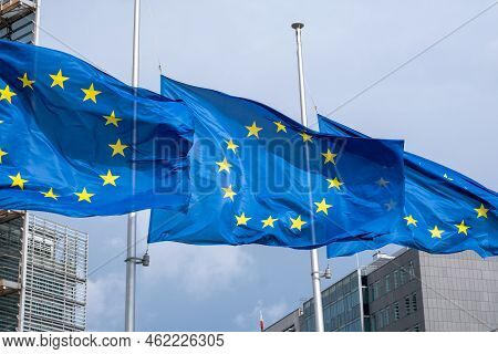 Eu Flags In Front Of European Commission In Brussels, Belgium