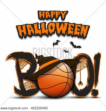 Halloween. Boo. Basketball Ball With Witch Hat