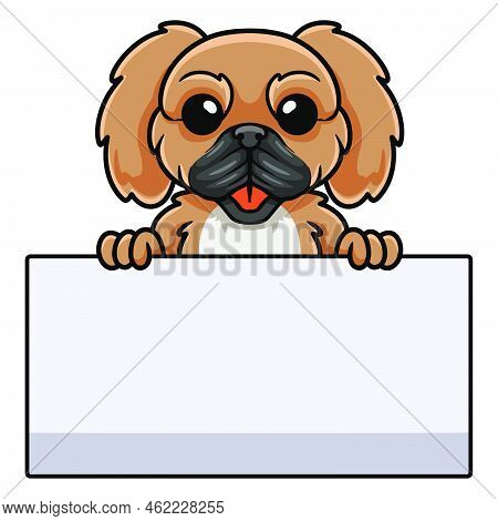 Vector Illustration Of Cute Little Pekingese Dog Cartoon Holding Blank Sign