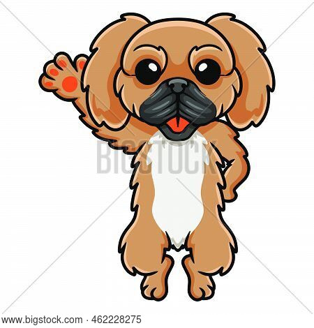 Vector Illustration Of Cute Little Pekingese Dog Cartoon Waving Hand