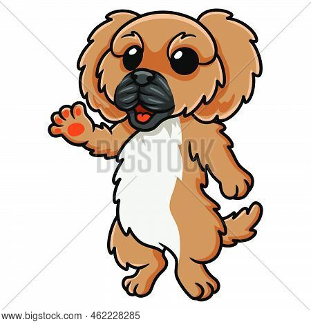 Vector Illustration Of Cute Little Pekingese Dog Cartoon Waving Hand