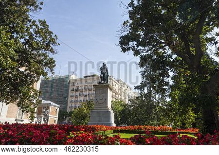 Madrid, Spain, September 2022.  The Monument Dedicated To Murillo Next To The Prado Museum Building 
