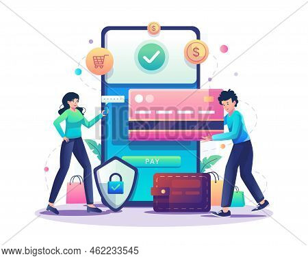 Online Payment Concept. A Man And A Woman Doing A Digital Money Transfer Through A Smartphone. Mobil