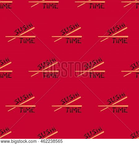Sushi Time Seamless Pattern. Time To Sushi Text. Sushi Template In Red Background. Japan Traditional
