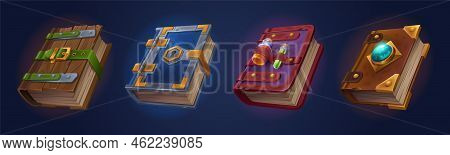 Magic Spell Books, Fantasy Alchemy Grimoires, Closed Wizard Diary. Witchcraft Fairy Tale Game Ancien