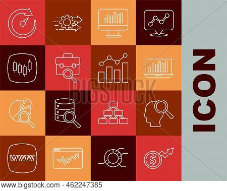 Set Line Financial Growth Dollar, Search People, Laptop With Graph Chart, Monitor, Work Search, Brow