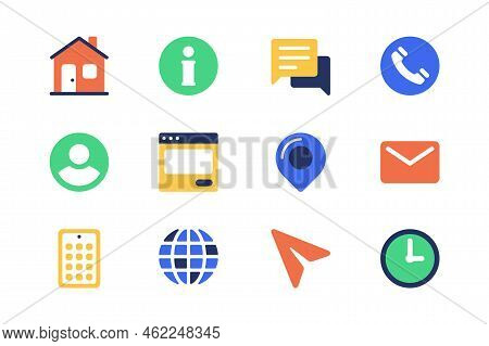Contact Us Concept Of Web Icons Set In Simple Flat Design. Pack Of Home Page, Info, Chat, Call, Prof