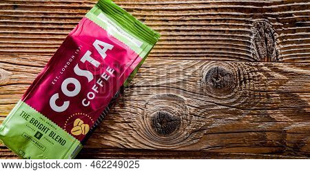 Poznan, Poland - Jul 14, 2022: Packages Of Costa Coffee, A Brand Of British Multinational Coffeehous