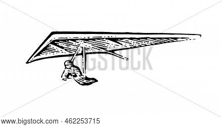 Small Hang Glider Flies. Bottom View From Afar. Hand Drawn Outline Sketch. Isolated On White Backgro