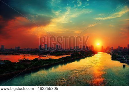 Anime Style, Chao Phraya River With Sun Raise And Modern Building Landscape Of River In Bangkok City