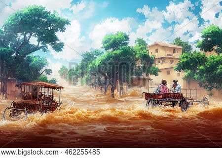 Anime Style, A Mule Donkey Cart In A Flash Floods Water In Old City Area The Signboard Are In Urdu A