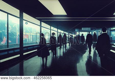 Anime Style, Blur Of Office Workers Walking Pass The Canary Wharf Tube Station In Early Morning Rush