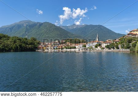 View Over Lake Mergozzo To The Village Of Mergozzo. Mergozzo Is A Village In The Province Of Piedmon