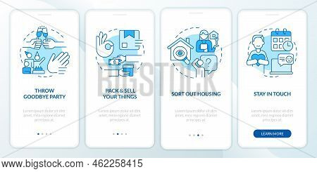 Immigration Advices Blue Onboarding Mobile App Screen. Relocation Walkthrough 4 Steps Editable Graph