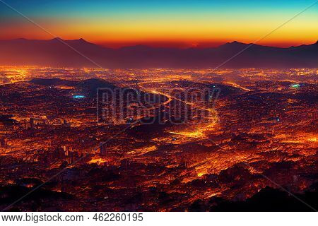 Anime Style, Bogota City Capital Of Colombia Skyline Night Panoramic View , Anime Style U1 1