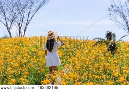 Tourist woman visit the Orange day lily flower field on mountain in Taimali of Taitung