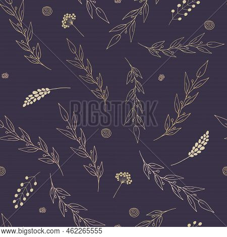 Botanical beige branches seamless pattern on dark background. Hand drawn vector minimalistic elegant pattern. Floral elements background. For cards, invitations, save the date cards