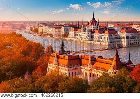 Cartoon Drawing Budapest Hungary Aerial View Of Gabriel Archangel At Heroes Square During The Corona