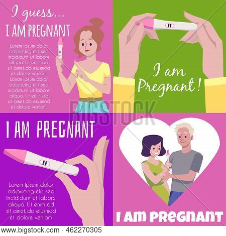 Pregnancy Test Banners With Woman Got Test Results, Flat Vector Illustration.