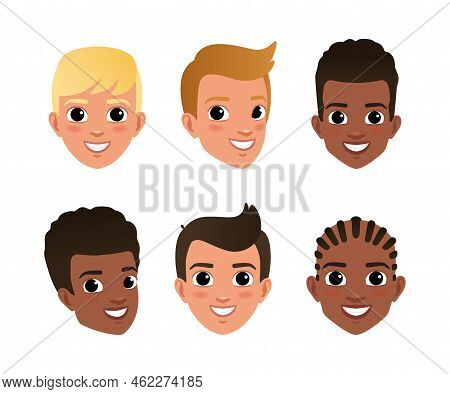 Cute Boys Faces Set. Smiling Boys Characters Constructor For Animation Cartoon Vector Illustration