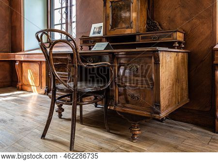 Prague - Czech Republic - 08 01 2020 Wooden Secretary Desk In The Antonin Dvorak Museum