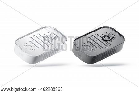Blank White And Black Aluminum Sardine Conserve Can Mockup, Isolated, 3d Rendering. Empty Preserves 