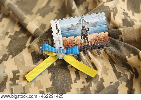Ternopil, Ukraine - September 2, 2022 Famous Ukrainian Postmark With Russian Warship And Ukrainian S