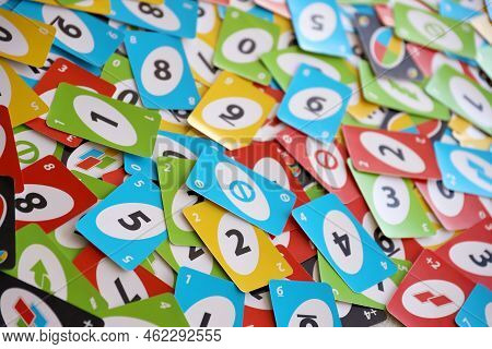 Ternopil, Ukraine - May 15, 2022: Many Colorful Uno Game Cards. Uno Is An American Shedding-type Car