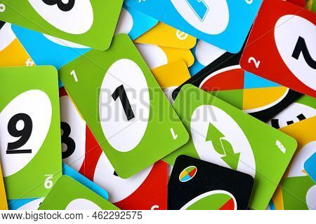 Ternopil, Ukraine - May 15, 2022: Many Colorful Uno Game Cards. Uno Is An American Shedding-type Car