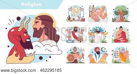 History Of A Religion Concept Set. Human Religious Ideas And Its Historical