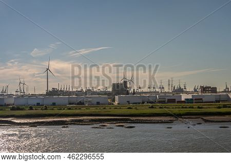 Antwerpen, Flanders, Belgium - July 10, 2022: Industry Along Left Shore Of Scheldt River. Steinweg O