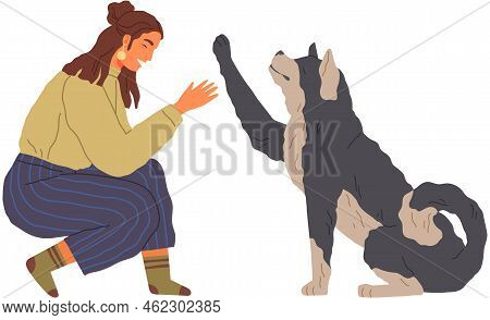 Female Pet Owner Plays With Dog. Caring For Four-footed Friend Concept. Happy Lady With Puppy, Domes