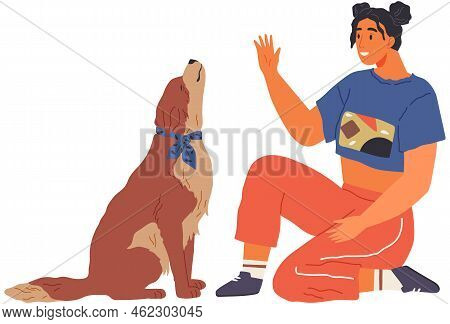 Female Pet Owner Plays With Dog. Caring For Four-footed Friend Concept. Happy Lady With Puppy, Domes