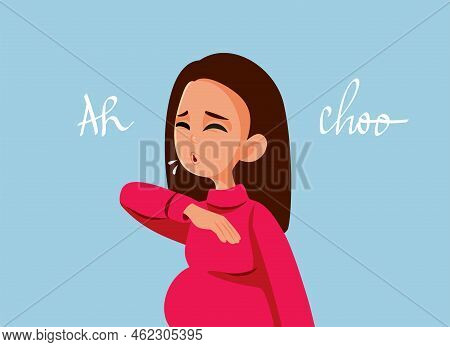 Pregnant Woman Sneezing Feeling Sick Vector Cartoon Illustration