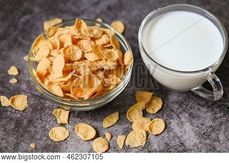 Cornflakes Bowl Breakfast Food And Snack For Healthy Food Concept, Morning Breakfast Fresh Whole Gra