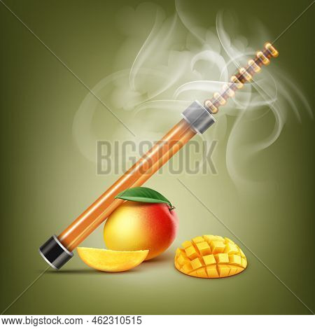 Vector Orange Electronic Hookah With Mango And Smoke On Pistachio Color Background