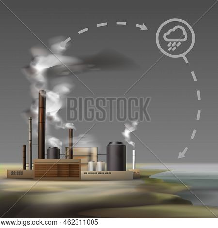 Vector Chemical Factory With Smoke From Pipes And Overcast Weather, Air Pollution Concept