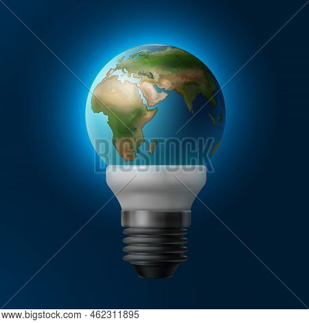 Vector Illustration Planet Earth Inside Energy Saving Lamp Isolated On Blue Background