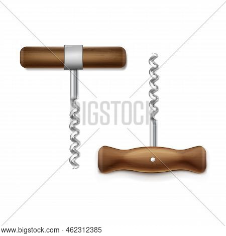 Vector Realistic Steel Corkscrew With Different Wooden Handle Isolated On A White Background