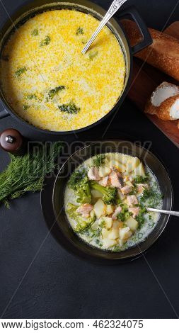 Creamy Fish Soup With Salmon, Potatoes, Onions , Carrots, Dill And Broccoli. Kalakeitto- Traditional